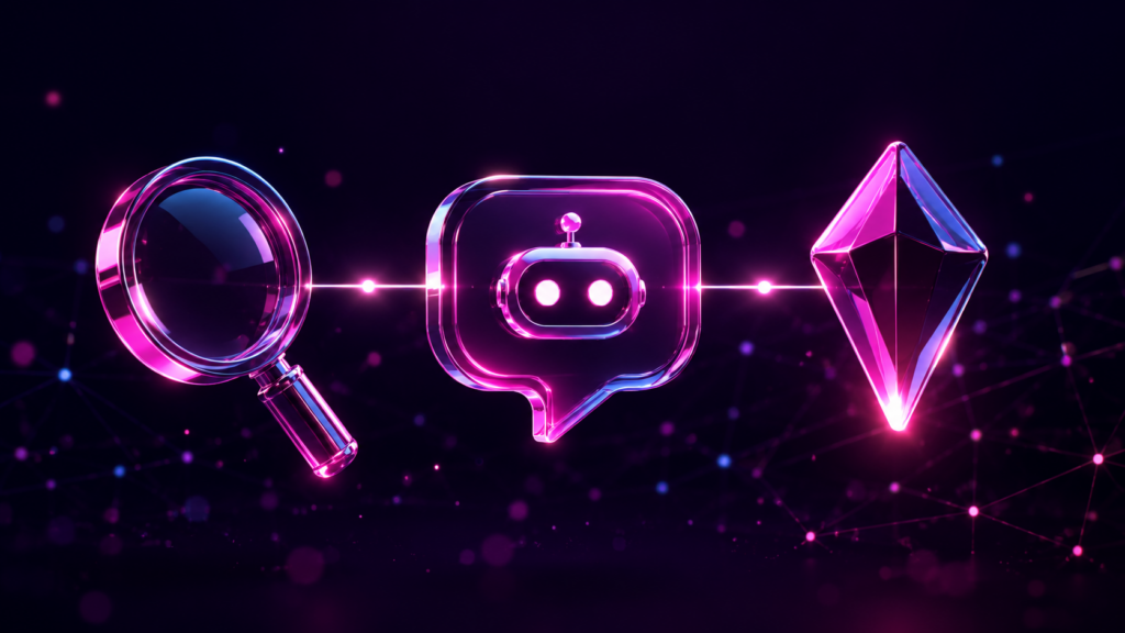 Ilustración 3D de una lupa, un bocadillo de chat con un bot y un diamante, representando SEO, GEO y AEO