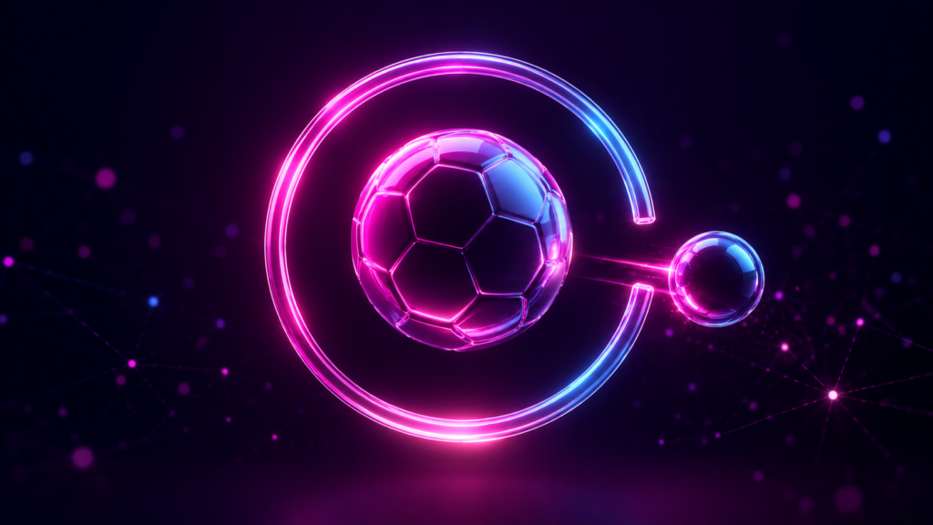 Ilustración 3D de un balón de fútbol dentro de un anillo de luz con una esfera pequeña colándose por una abertura