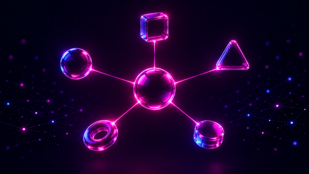 Ilustración 3D de una esfera central conectada por haces de luz a cinco formas, representando los canales del marketing digital