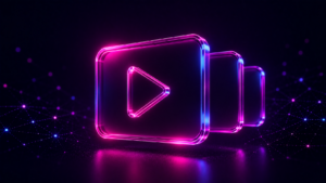 Ilustración 3D de un marco de anuncio con un botón de reproducción y dos marcos superpuestos detrás