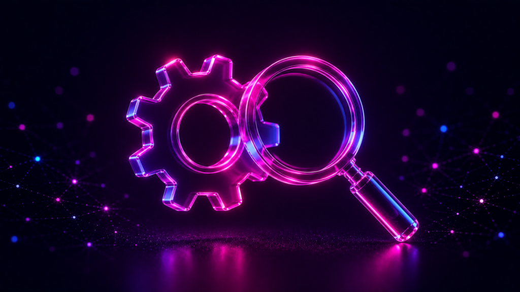 Ilustración 3D de un engranaje entrelazado con una lupa, representando el trabajo técnico del SEO