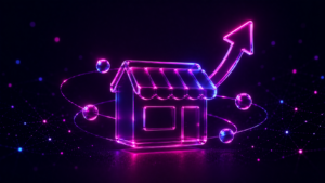 Ilustración 3D de una tienda pequeña con toldo rodeada de esferas en órbita y una flecha ascendente