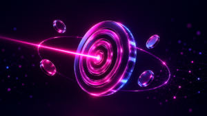 Ilustración 3D de una diana atravesada por un haz de luz con monedas orbitando alrededor