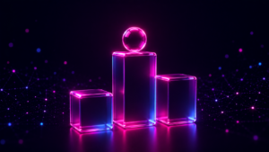 Ilustración 3D de un podio de tres bloques con una esfera brillante sobre el más alto