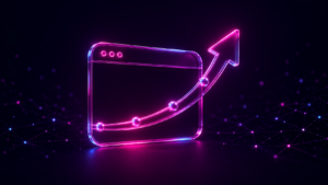 Ilustración 3D de una ventana de navegador con una flecha ascendente y esferas de luz sobre la curva