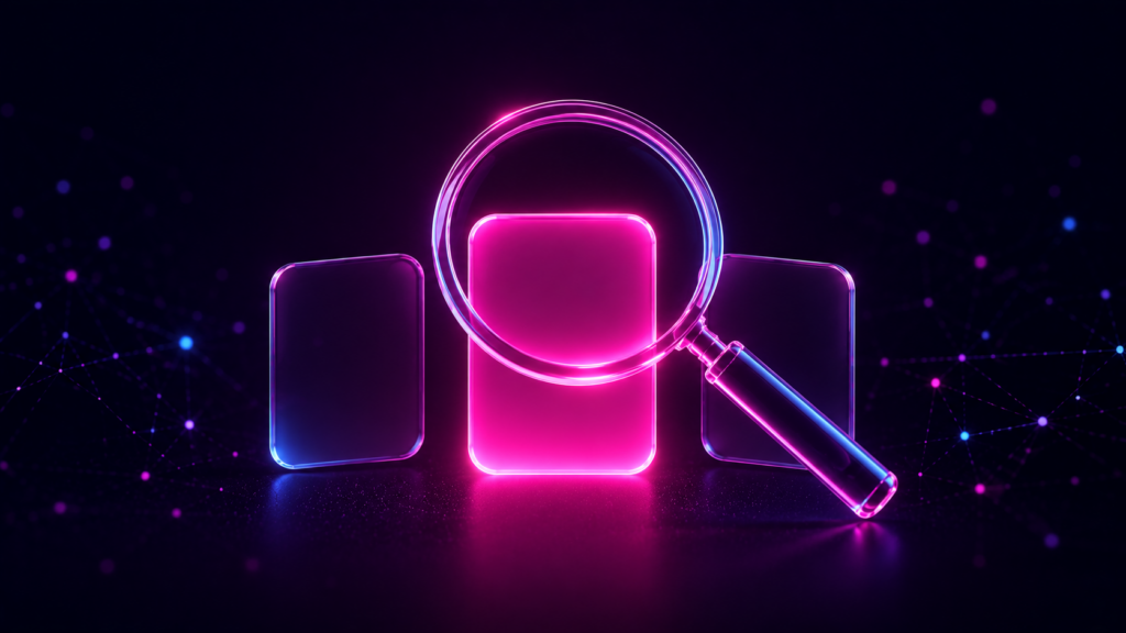 Ilustración 3D de una lupa sobre tres tarjetas, con la del centro iluminada