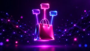 Bolsa de compras 3D en neón fucsia con tres burbujas de chat que suben como un podio, sobre fondo morado oscuro